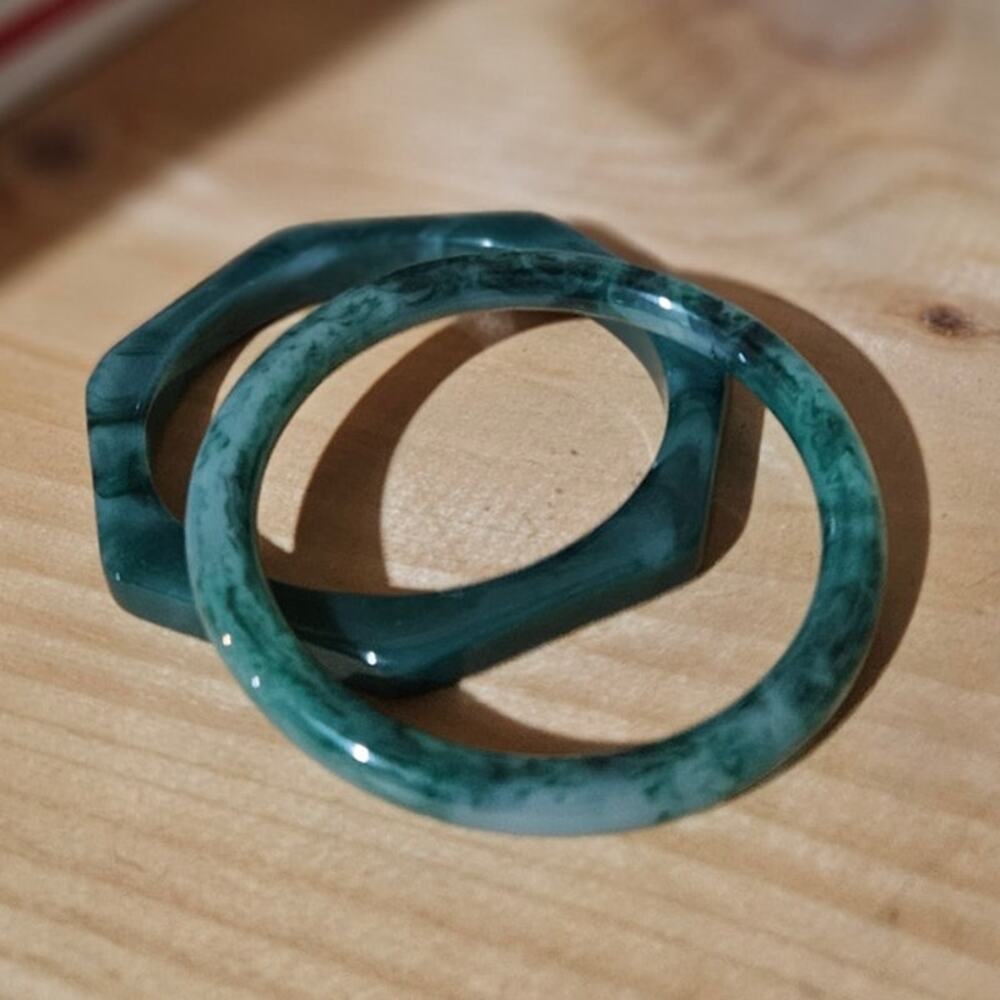 Boutique Pair of Faux Green Jade Bangles ~ Round & Octagonal ~ Streetwear Casual